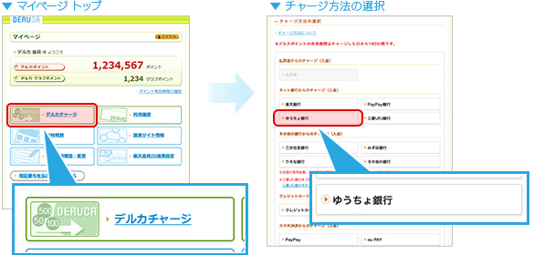 イメージ【デルカにログインして、マイページよりデルカチャージのページを開く】